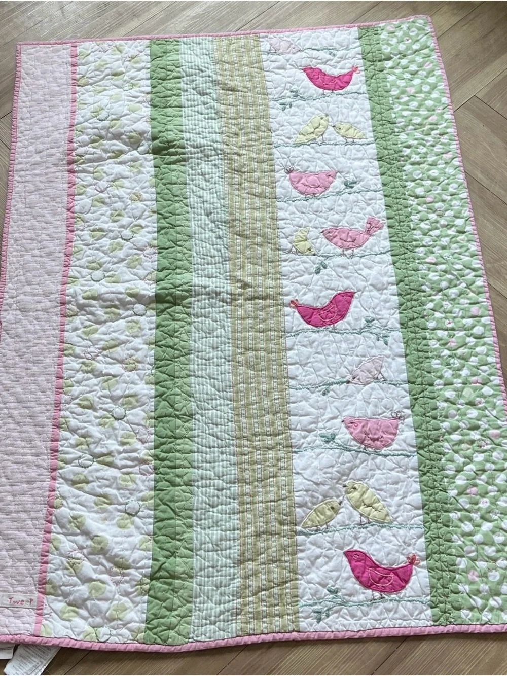 Pottery Barn Kids Tweet Bird Baby Quilt Pink Green 33" x 48" - Picture 8 of 12